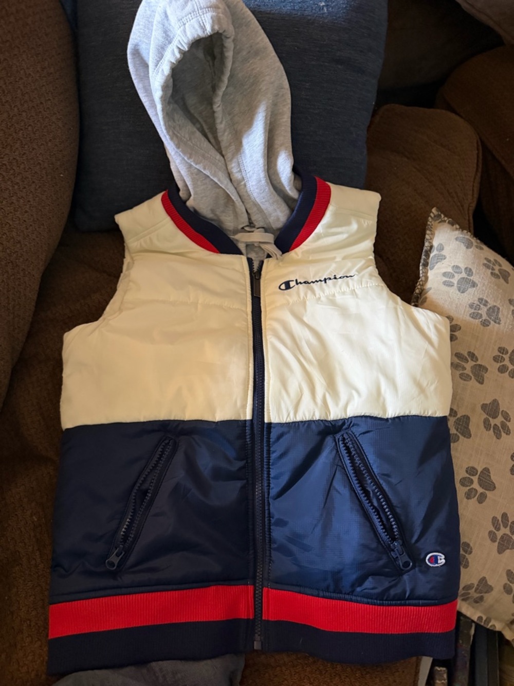 Champion Gray PUFFER zipper Vest with Red, White & Blue Trim VINTAGE STYLE